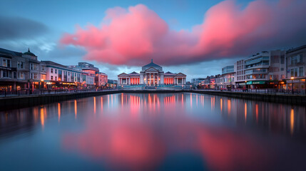 Naklejka premium Pink Sky Reflection of City Building at Dusk