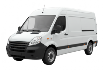 A modern white cargo delivery van with black bumpers and side trim isolated on transparent background