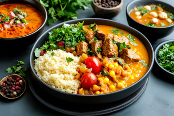 A vibrant bowl of curry with meat, couscous, fresh herbs, and tomatoes, served alongside two smaller bowls of soup and spices, showcasing a colorful, appetizing meal.