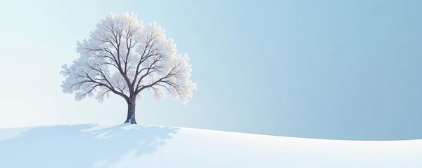 Single tree against a bright snowy background, white, natural, cold