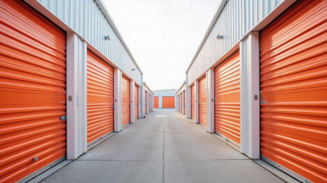 Storage units orange doors metal buildings organized outdoor rental space storage facility clean modern pathway rows commercial urban secure empty