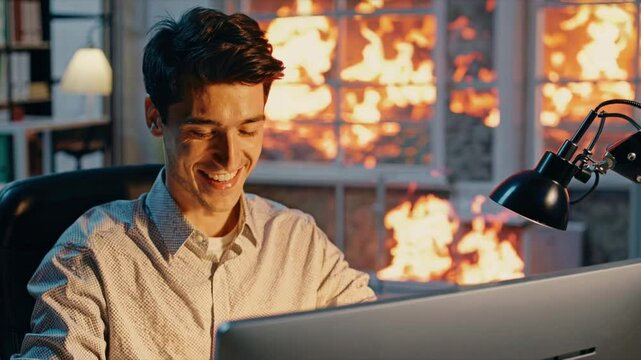Hombre Sonriendo Ante una Pantalla con Fuego
