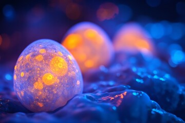 Illuminated eggs on textured surface with bokeh background