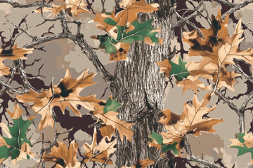 Realistic forest camouflage. Seamless pattern. Trees, branches, green and brown oak leaves. Useable for hunting and military purposes. Digital camo. Vector camouflage background. 