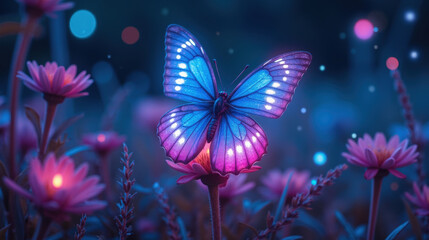 vibrant butterfly with glowing blue and purple wings rests on flower amidst dreamy, colorful garden. scene evokes sense of wonder and tranquility