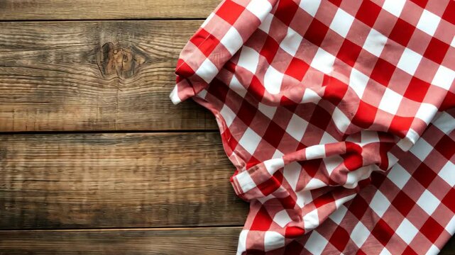 Beautiful checked tablecloth on rustic wooden table for outdoor dining and gatherings in a charming setting
