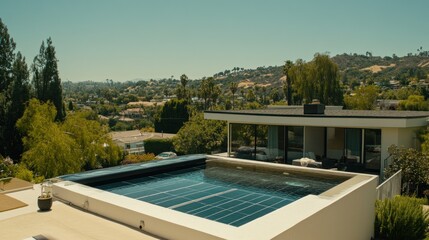Rooftop pool with solar cover, panoramic view
