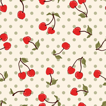 red cherry fruit polka dot seamless pattern, fabric, prints, cover trendy  Coquette core background