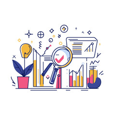 Colorful Data Analysis Infographic with Charts and Magnifying Glass