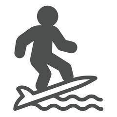 Surfer on sea wave solid icon, tropical voyage concept. Vector graphics. Surfboard with surfer, water sport sign on white background, glyph style icon for mobile or web design.