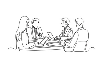 Multiethnic happy office friends meeting. Community focused concept. Single line draw design. Vector graphic illustration