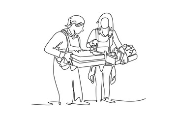 Multiracial women working at garden picking up organic lettuce. Community focused concept. Single line draw design. Vector graphic illustration