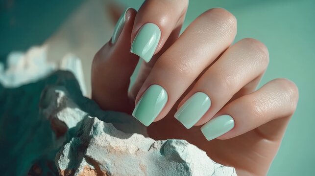 A close-up of perfectly manicured mint green nails against a textured surface, showcasing beauty and trendiness in nail artistry and self-care.