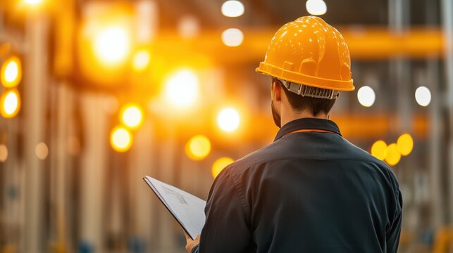 Overhead crane inspection Concept, Supervisor Conducting Inspection of Overhead Crane Operations in Industrial Warehouse Environment