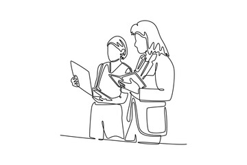 Two colleagues engage in a creative discussion. Community focused concept. Single line draw design. Vector graphic illustration