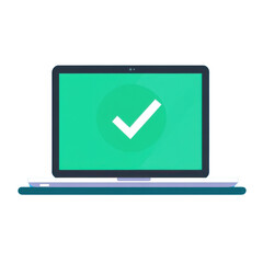 Check mark on laptop screen. Success tick icon or confirmation notification on open tablet laptop display- portable pc computer checkmark icon flat illustration.