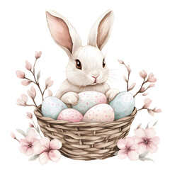 Cute bunny with pastel eggs in a woven basket surrounded by flowers