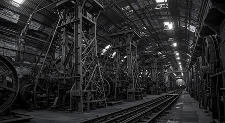 Fototapeta premium Monochrome: Industrial Age Machinery, Iron Frameworks, and Railroad Tracks in a Warehouse.