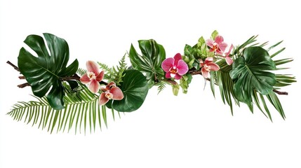 Orchid and Tropical Leaves Arrangement on Branch for Decoration