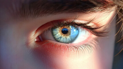 Fototapeta premium close up of vibrant blue eye with golden brown accents, surrounded by detailed eyelashes and illuminated by natural light, creating striking