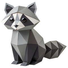 Fototapeta premium A geometric model of a raccoon, composed of various angled paper segments in shades of gray and white, showcasing a stylized and modern design.