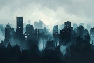 Fototapeta premium Abstract artwork showing a misty cityscape with tall buildings and sky