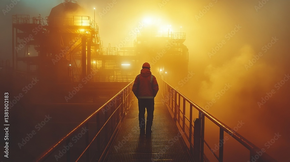 Poster A worker navigates a foggy walkway in a mineral processing site during twilight. The facility is illuminated by glowing machinery, creating a surreal atmosphere of extraction and industry.