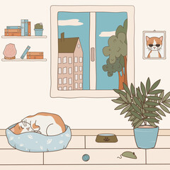 cute hand drawn outdoor scene with cartoon character sleeping cat in a living room vector illustration