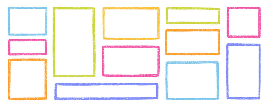 Chalk pencil frames doodle set. Crayon kids color borders in sketch style, rectangular and square shapes, grunge texture. Hand drawn vector illustration isolated on white background