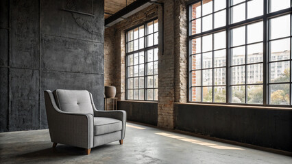Fototapeta premium Stylish Gray Armchair in Industrial-Chic Loft Space