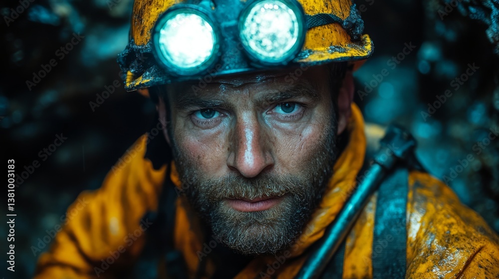 Poster A miner laboring in challenging conditions under damp, low light circumstances, wearing protective gear and focused on extracting minerals from deep within the earth.