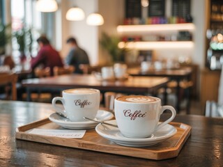 Coffee Cups in Cozy Cafe Perfect Coffee Cups for Morning Vibes Elegant Coffee Cups on Wooden Tray