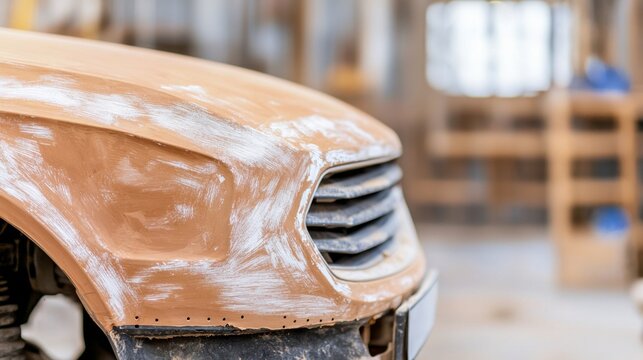 Body Paint Restoration Concept, Close-Up of Car Body Being Sanded Down to Remove Imperfections in Workshop Setting