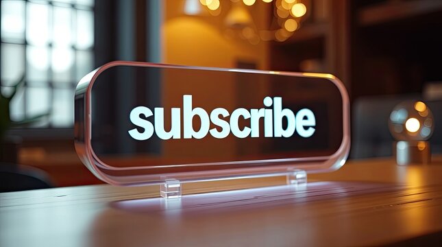 The illuminated subscribe button rests upon a smooth wooden tabletop surface