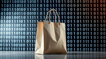 a modern shopping bag displayed against a backdrop of binary code, space for copy
