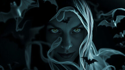 Witch's Face with Glowing Eyes Surrounded by Bats and Ghostly Shapes in the Dark