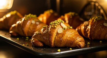 Close-up shot of golden, flaky croissants with a glossy caramelized honey glaze baking in a professional oven, topped with roasted almonds and crushed pistachios, deep golden hues