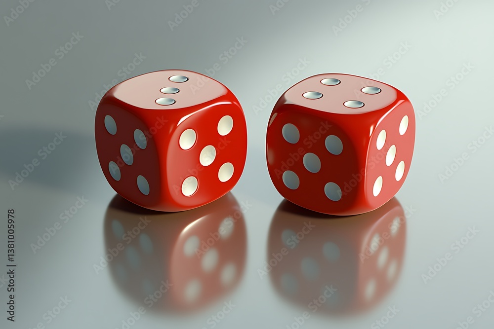 Aufkleber A pair of vibrant red dice poised for a roll, a symbol of chance and fate, reflecting on a sleek metallic surface with sharp highlights and deep shadows.