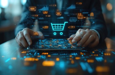 Obraz premium Person Using Digital Tablet with Shopping Cart Icon and Data Visualization