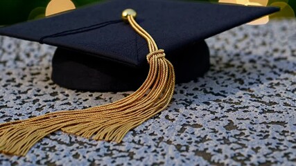 Close-up of a graduation cap with a golden tassel on a textured surface, captured at a low angle. Ideal for an educational video theme.