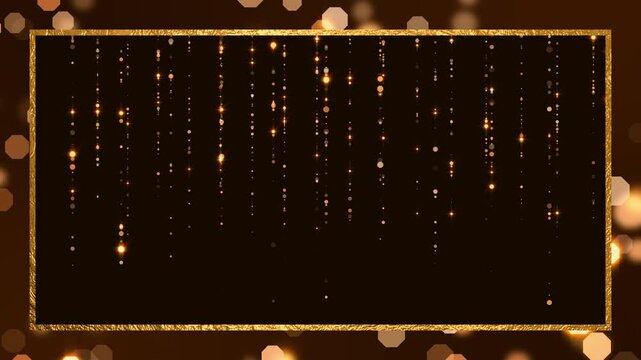 golden frame with shiny and glittering string particles on dark background animation, abstract luxury wallpaper, event and concert wall motion design element	