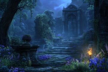Enchanted Forest Pathway with Ruins and Mystical Lighting