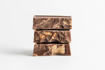 Stacked Chocolate Pieces Close Up on White Background, Perfect Dessert Treat