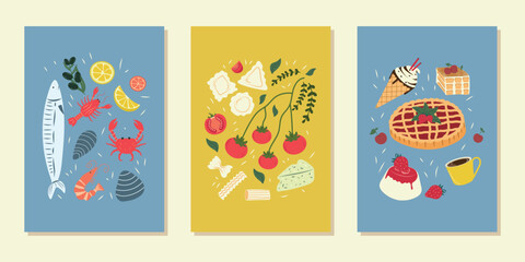 Italian cuisine. Abstract food posters, hand-drawn. Trendy prints featuring seafood, pasta, tomatoes and desserts. Vector design for wall decor, restaurant menus, and more.