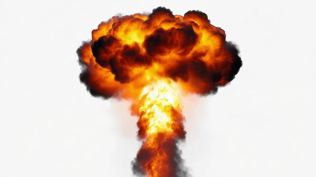 huge fiery explosion with thick black smoke rising upward in slow motion on white background isolated, realistic cinematic blast visual effect with dramatic fire cloud