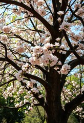 Fototapeta premium Ancient, flowering tree boughs laden with blossoms, sunlight dappled wood, plant, twig, ancient tree