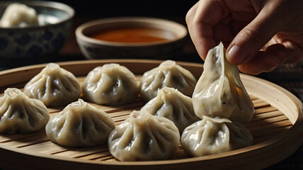 A hand picks up a dumpling from a bamboo steamer filled with several other dumplings. 