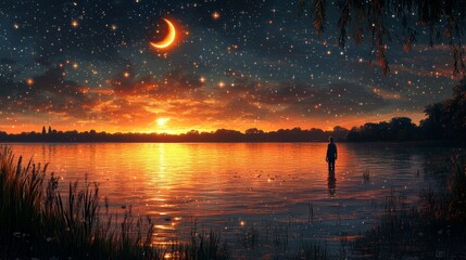 Fototapeta premium Water, sunset, stars, trees. A person stands in the lake with reflection under the crescent moon