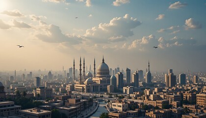 Fototapeta premium Aerial Cityscape View with Mosque and Modern Buildings Under Cloudy Sky