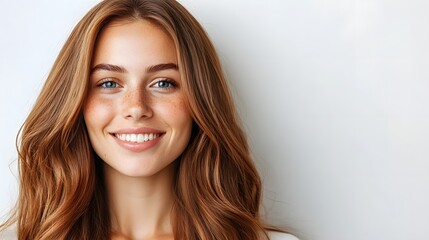 Smiling Woman with Shiny and Healthy Hair on Bright White Background
